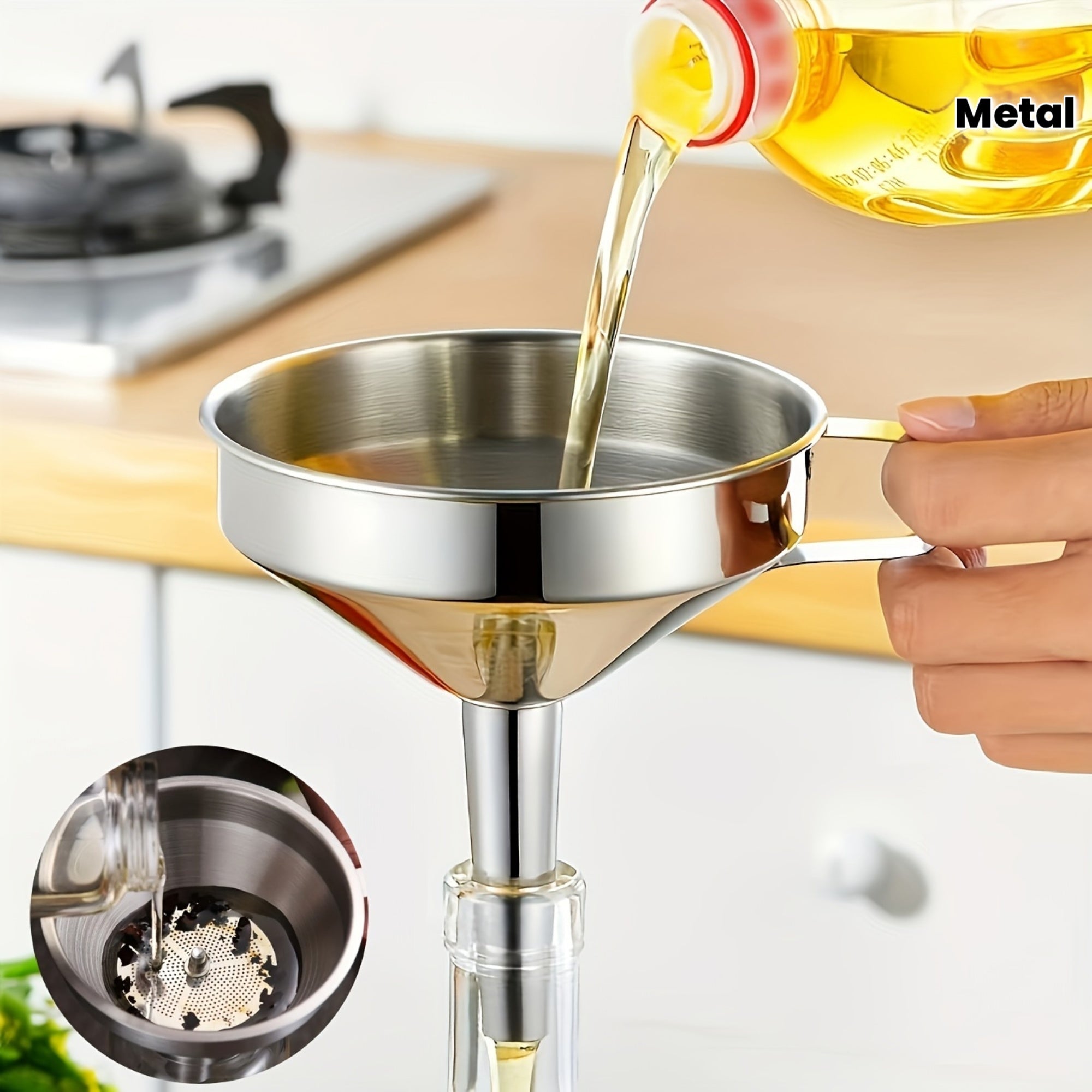 1pc Stainless Steel Funnel, with Detachable Filter, Used for Cooking Oil And Conveying Liquid And Powder, Metal Kitchen Funnel, Hanging Kitchen, Stainless Steel Funnel, Cooking, Wine Funnel, Kitchen Household Filter Residue, Wine Oil Leak