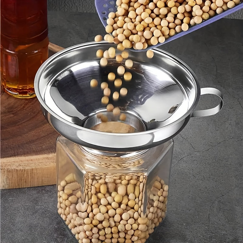 1 Kitchen Funnel with Wide Mouth and Handle, Suitable for Wide Mouth and Regular Mouth Jars, Food-Grade Metal Jam Funnel with Strainer, Suitable for Cooking Oil