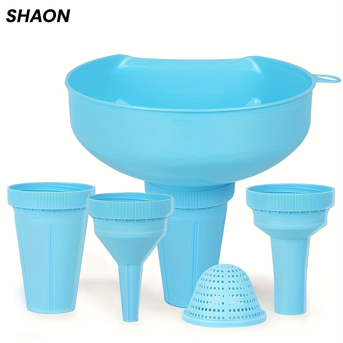 SHAON 5-in-1 Multi-Purpose Strainer Funnel- Food-Grade Plastic Material with Multi-Nozzle Attachment Suitable Oil, Wine, Sauce- Fits Most Bottle Caps- Durable Kitchen Strainer, Essential Home Cooking and Serving, Multi-Functional Seasoning