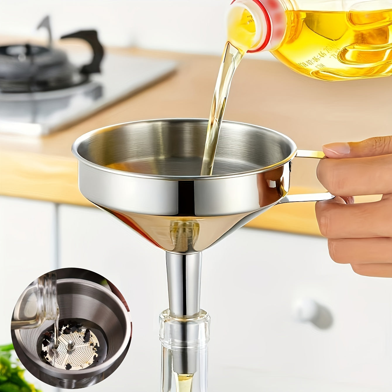 1pc Stainless Steel Funnel, with Detachable Filter, Used for Cooking Oil And Conveying Liquid And Powder, Metal Kitchen Funnel, Hanging Kitchen, Stainless Steel Funnel, Cooking, Wine Funnel, Kitchen Household Filter Residue, Wine Oil Leak