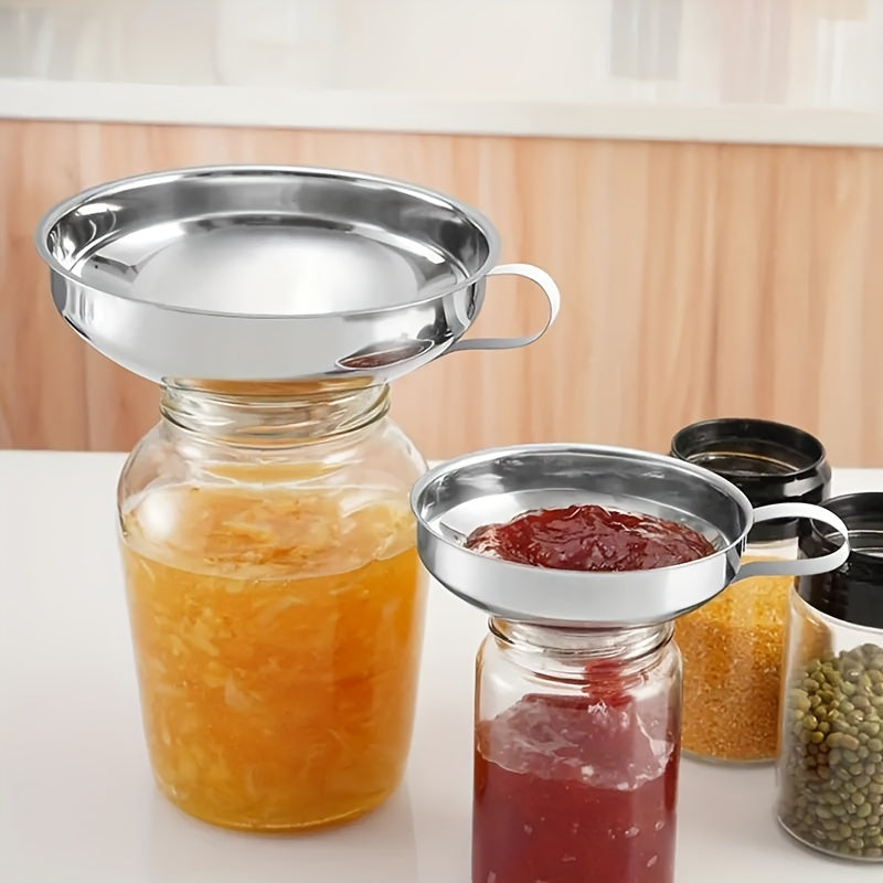 1 Kitchen Funnel with Wide Mouth and Handle, Suitable for Wide Mouth and Regular Mouth Jars, Food-Grade Metal Jam Funnel with Strainer, Suitable for Cooking Oil
