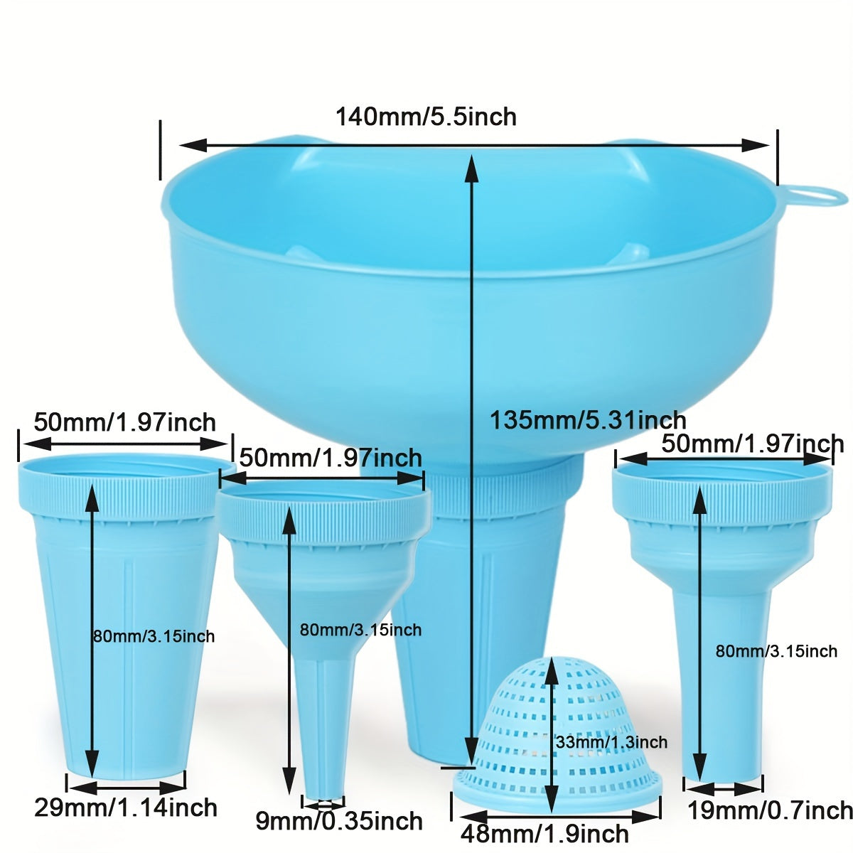 SHAON 5-in-1 Multi-Purpose Strainer Funnel- Food-Grade Plastic Material with Multi-Nozzle Attachment Suitable Oil, Wine, Sauce- Fits Most Bottle Caps- Durable Kitchen Strainer, Essential Home Cooking and Serving, Multi-Functional Seasoning