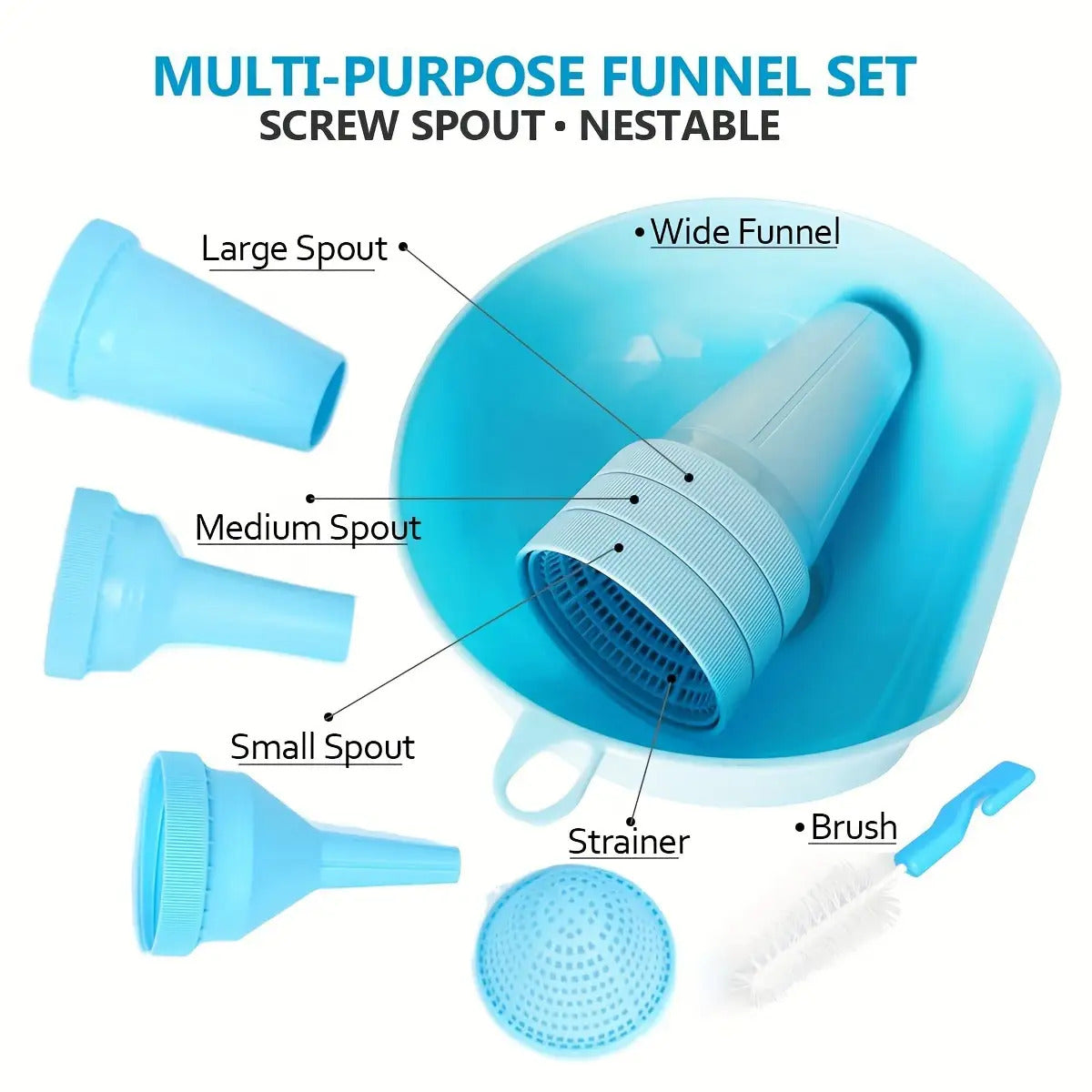 SHAON 5-in-1 Multi-Purpose Strainer Funnel- Food-Grade Plastic Material with Multi-Nozzle Attachment Suitable Oil, Wine, Sauce- Fits Most Bottle Caps- Durable Kitchen Strainer, Essential Home Cooking and Serving, Multi-Functional Seasoning